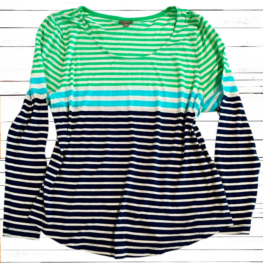 J. Jill Blue, White, & Green Striped Scoop Neck Long Sleeve Shirt Size XL